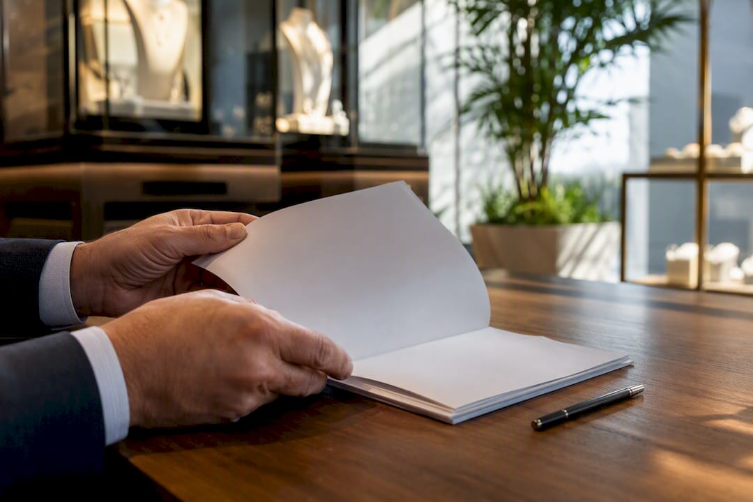Hands holding contract and pen on desk