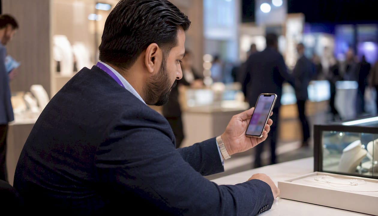 Dealer checking catalog availability on phone