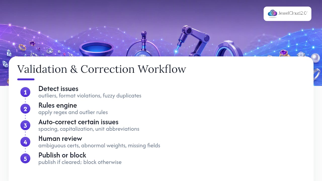 Jewelry data validation and review workflow