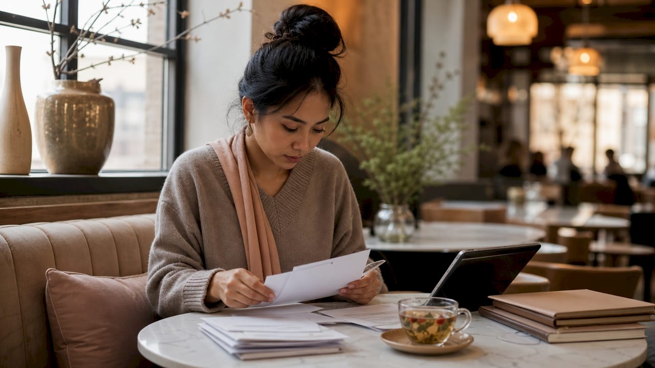 Young woman sorting single filer tax papers