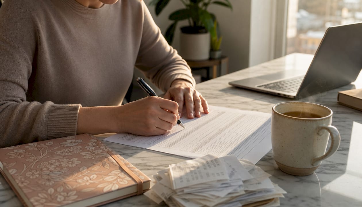 Hands filling IRS tax extension form