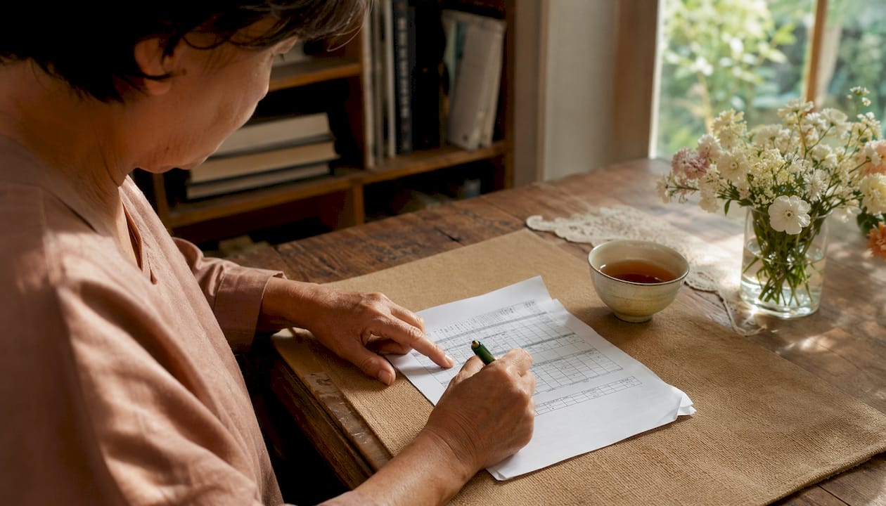 Close-up of hands adjusting payroll summary form