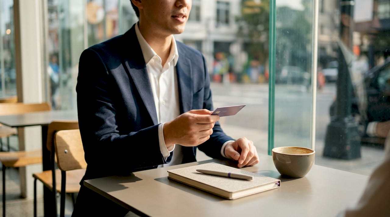 Hands holding NFC business card near smartphone
