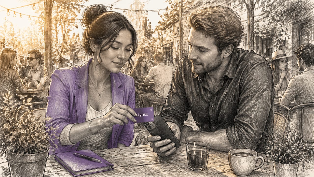 Hands exchanging NFC business card over smartphone