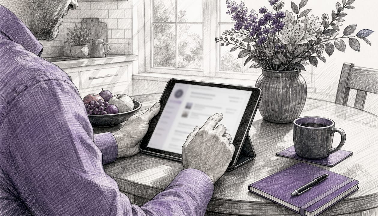 Hands updating digital business card on tablet