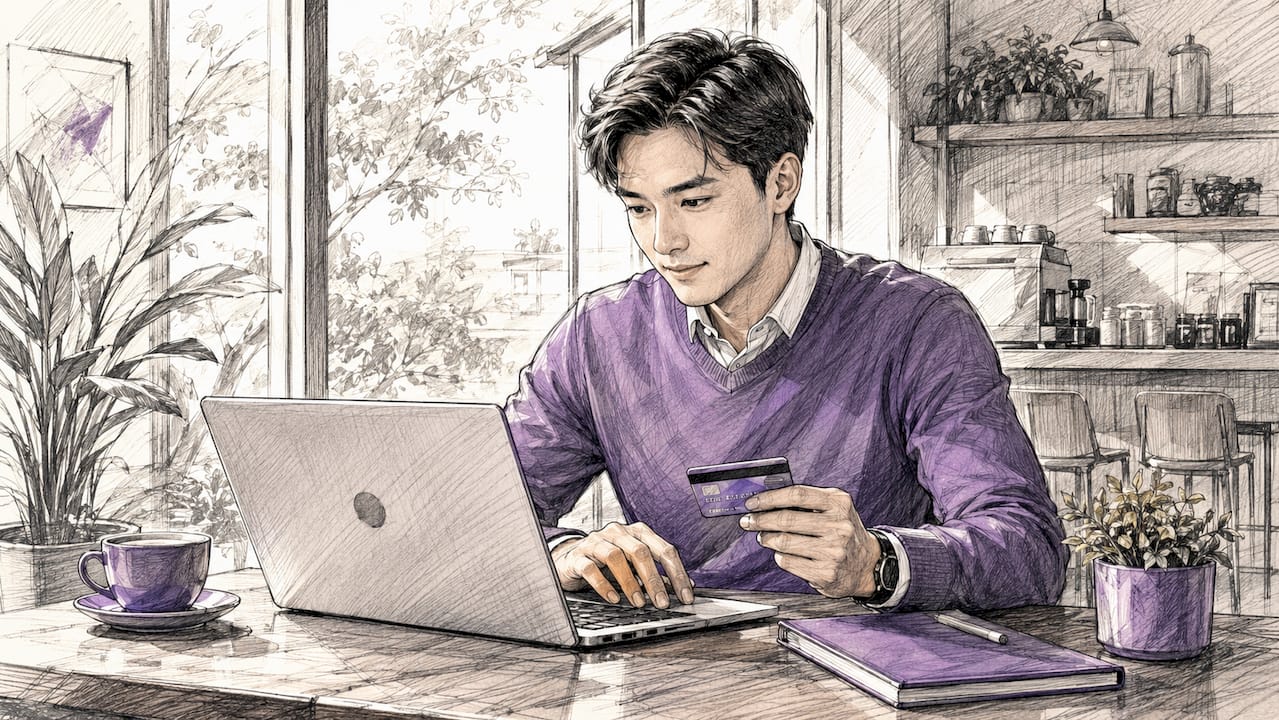 Hands typing with credit card on laptop in office