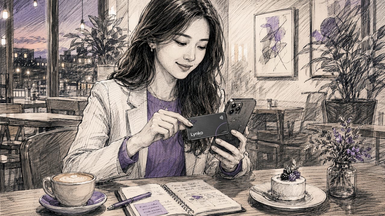 Woman using Lynko NFC card at home office