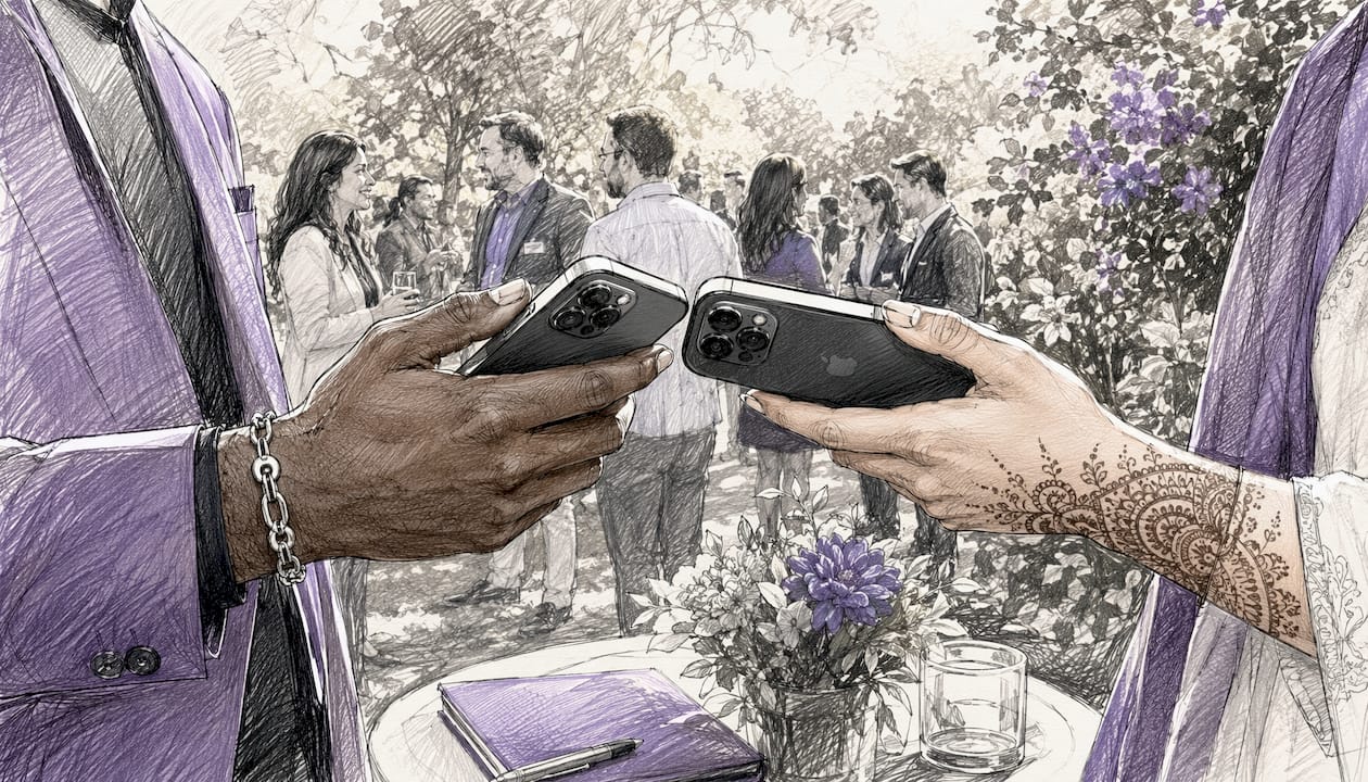 Two diverse hands holding iPhones for NameDrop