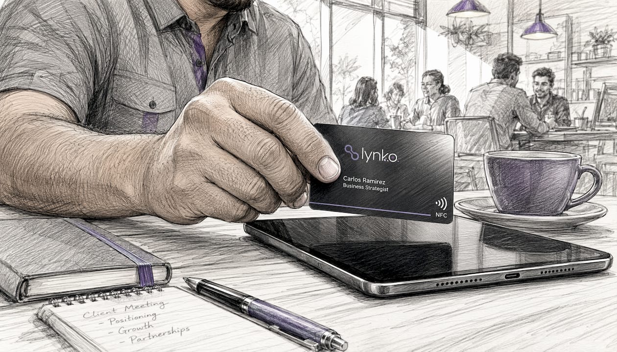Hand tapping NFC business card on laptop