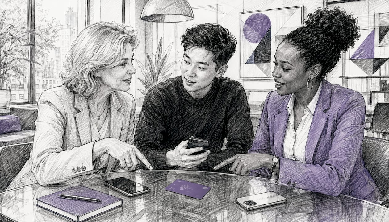 Group discussing digital card benefits at café table