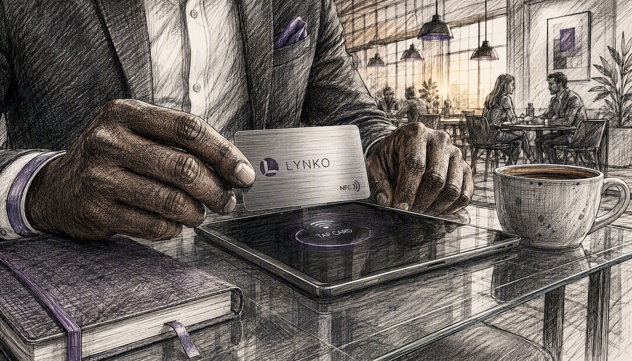 Hands tapping NFC card on smartphone