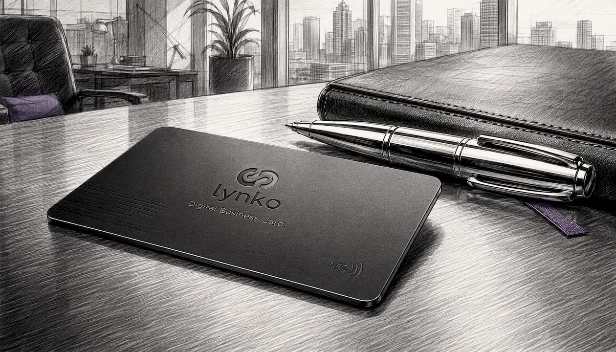 Premium black metal NFC business card on desk