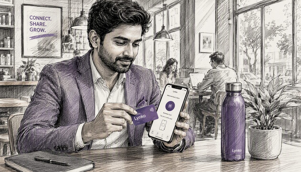 Man tapping NFC card to smartphone in office