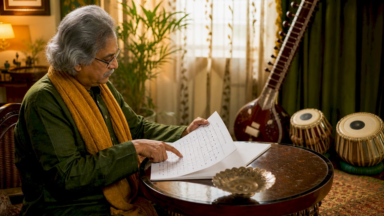 Hands pointing at Indian music pitch notation