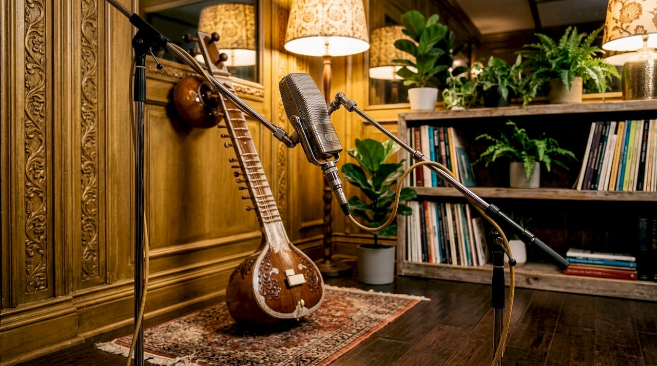 Rajib Karmakar sitarrajib Live Session Sitar Recording: Benefits for Producers 2 Close-up of microphone setup for sitar recording