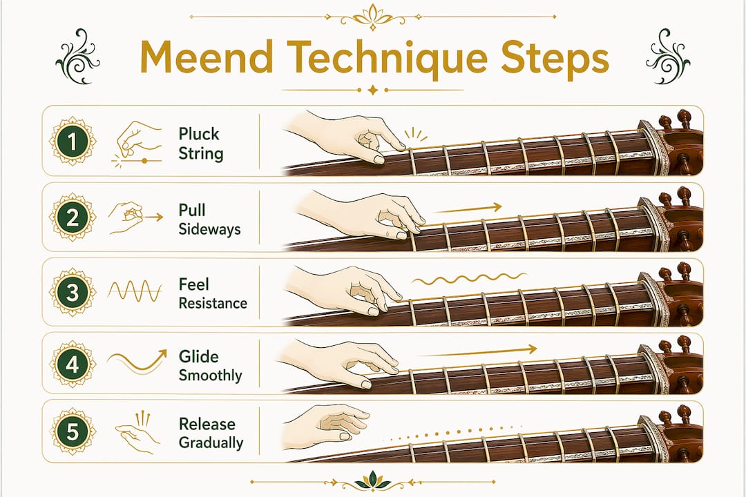 Step-by-step infographic on sitar meend technique