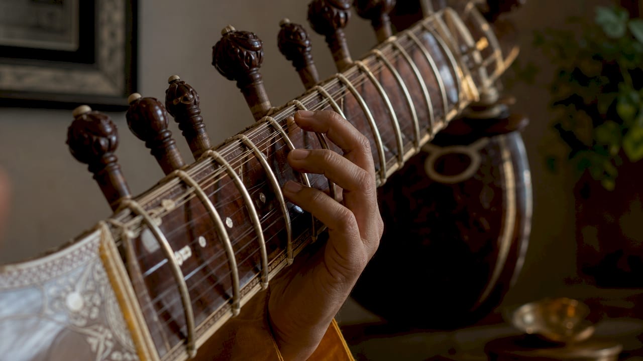 Close-up of sitar string being pulled over fret
