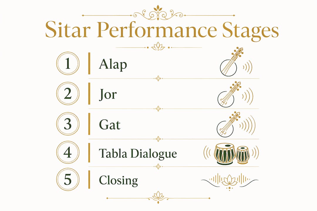 Rajib Karmakar sitarrajib How Sitar Fits Festival Programming: A 2026 Guide 3 Infographic illustrating stages of sitar performance