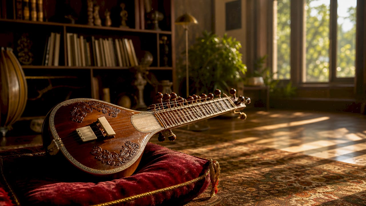 Close-up of sitar sympathetic strings vibrating