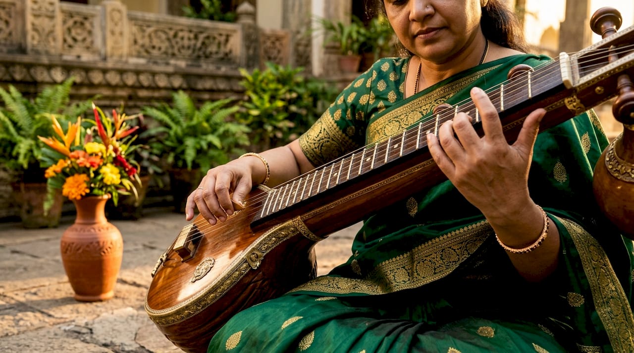 Hands playing veena instrument closely