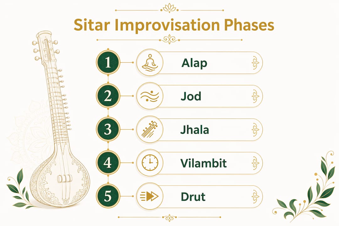 Infographic illustrating stages of sitar improvisation