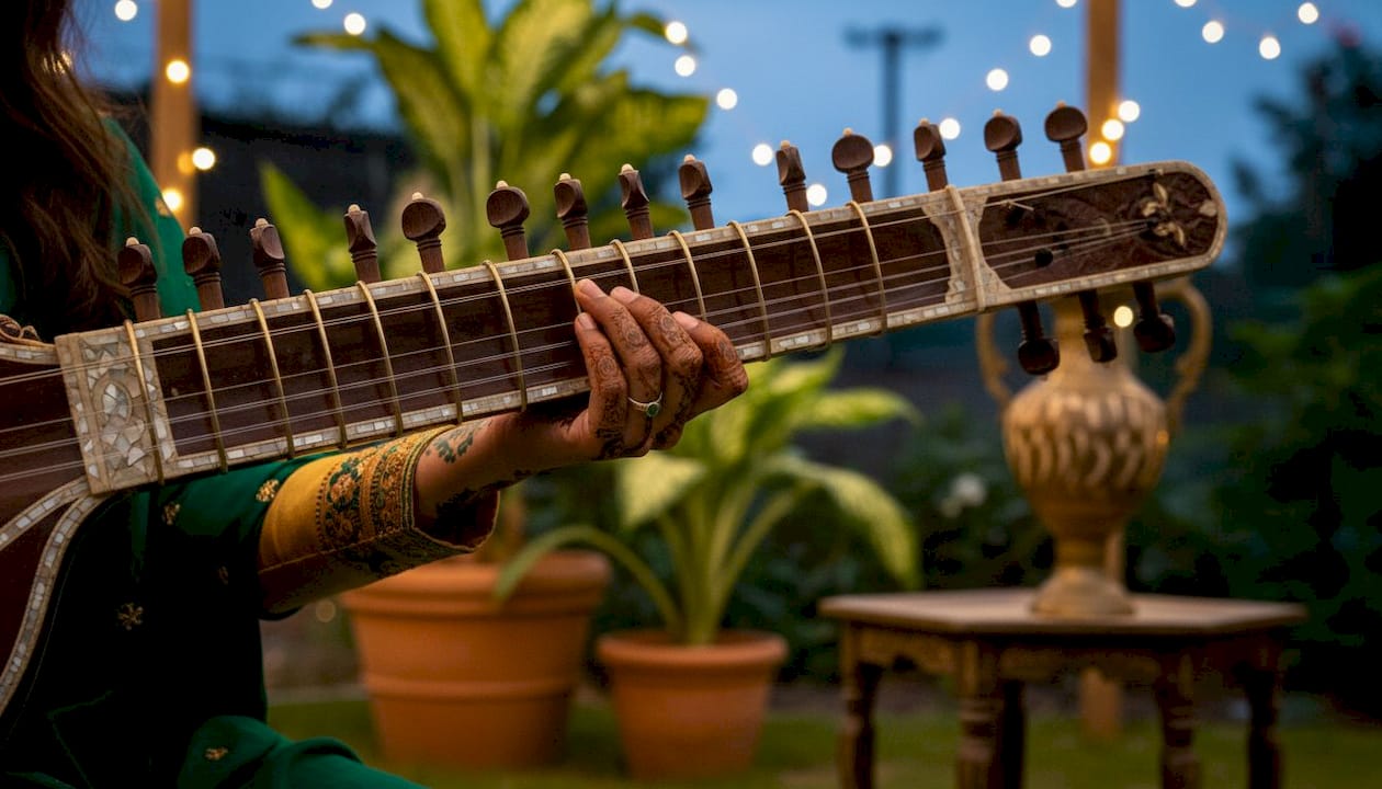 Close-up of hands pressing sitar strings on frets