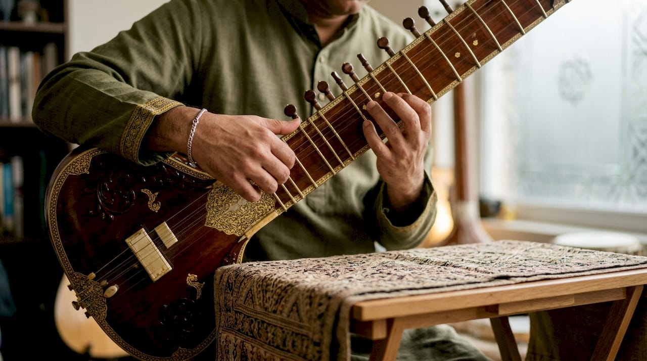 Rajib Karmakar sitarrajib What Is Alap in Sitar Performance: A Clear Guide 2 Close-up of hands sliding on sitar frets