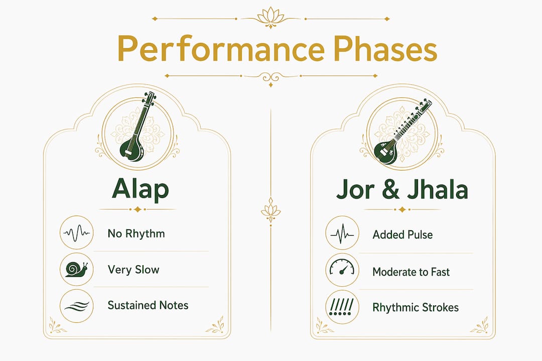 Rajib Karmakar sitarrajib What Is Alap in Sitar Performance: A Clear Guide 3 Infographic comparing alap and jor/jhala phases