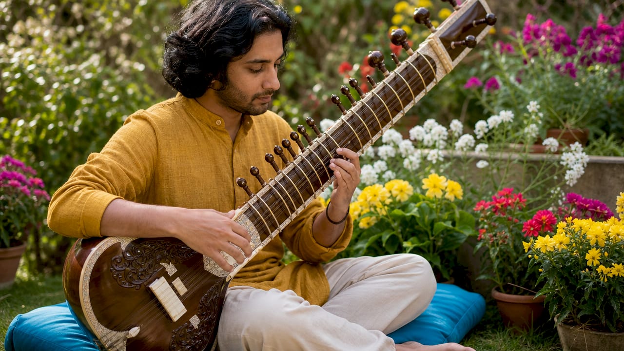 Musician playing sitar mixing traditional and modern instruments