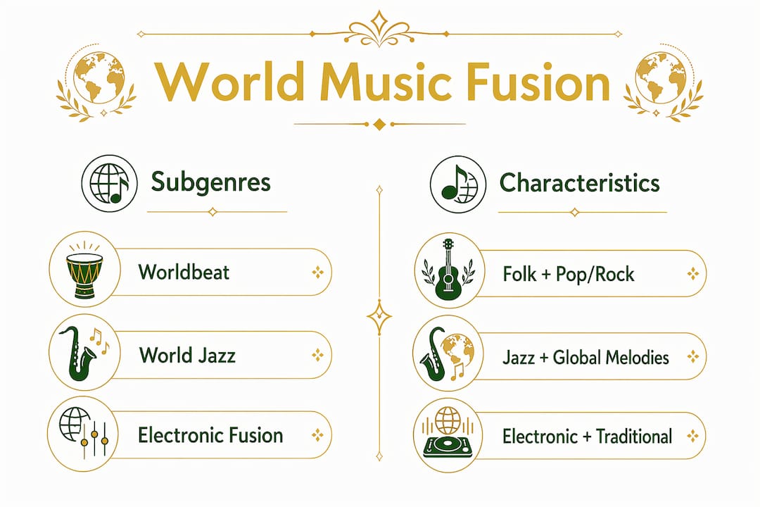 Infographic comparing world music fusion subgenres and traits