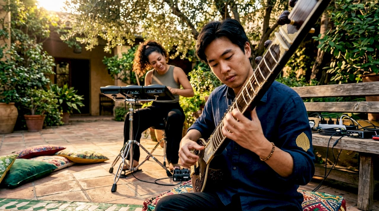 Musicians collaborating with sitar and drums