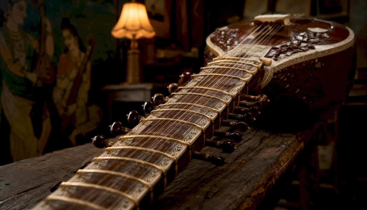Rajib Karmakar sitarrajib Sitar Recording Techniques for Film Scoring: 2026 Guide 2 Close-up of sitar's sympathetic strings and wood texture