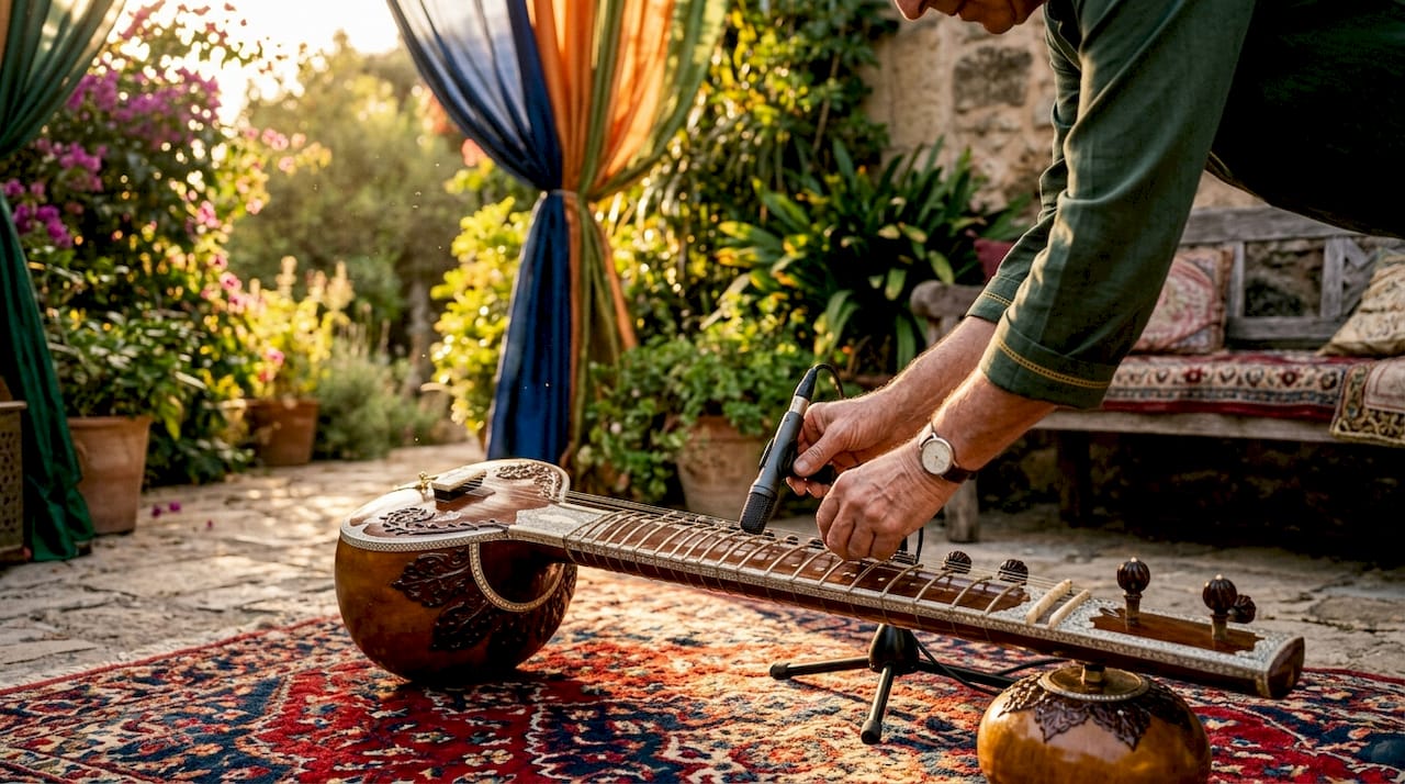 Rajib Karmakar sitarrajib Sitar Performance Logistics for Event Planners: 2026 Guide 2 Close-up of sitar stage microphone setup