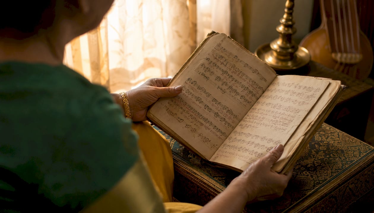 Hands examining traditional raga music manuscript