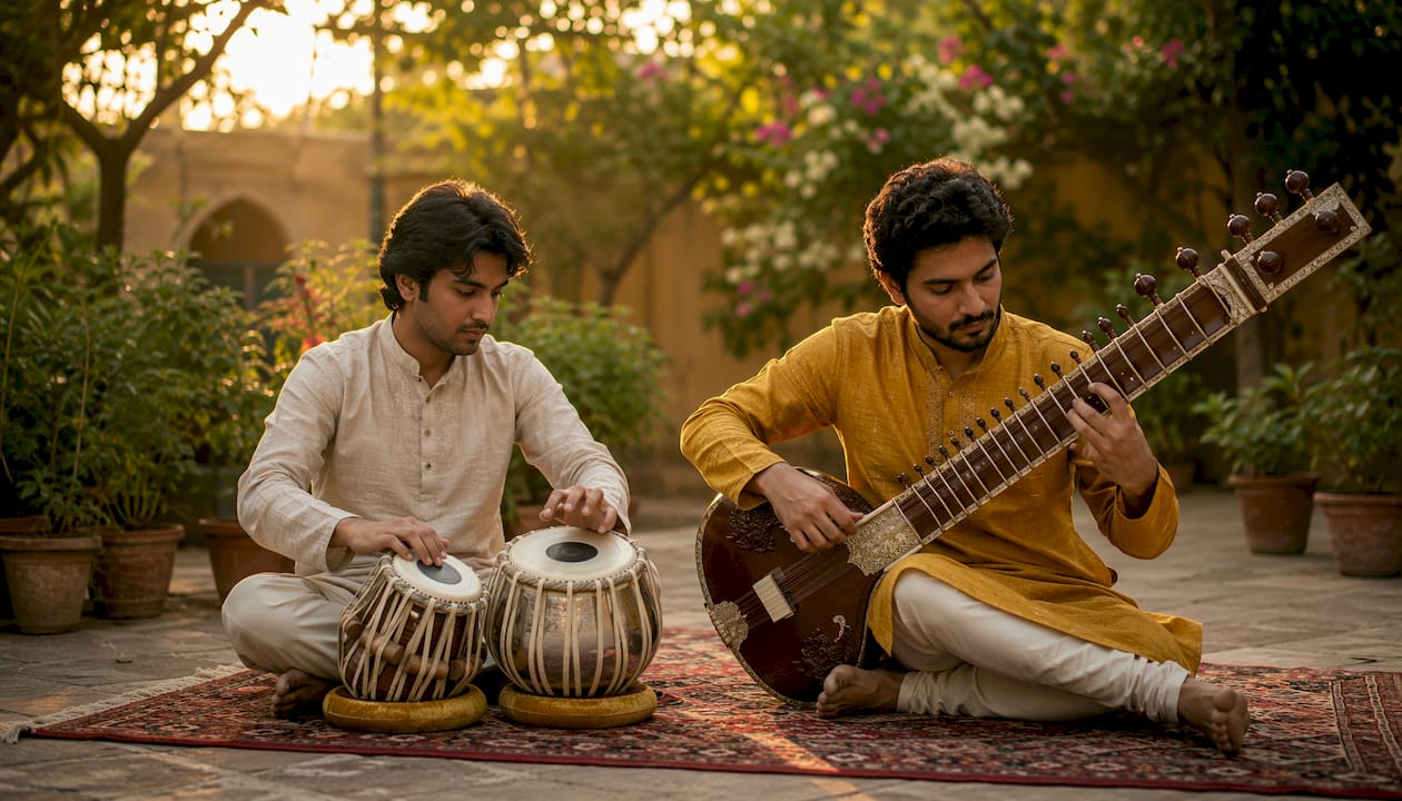 Sitarist and tabla player in recording studio