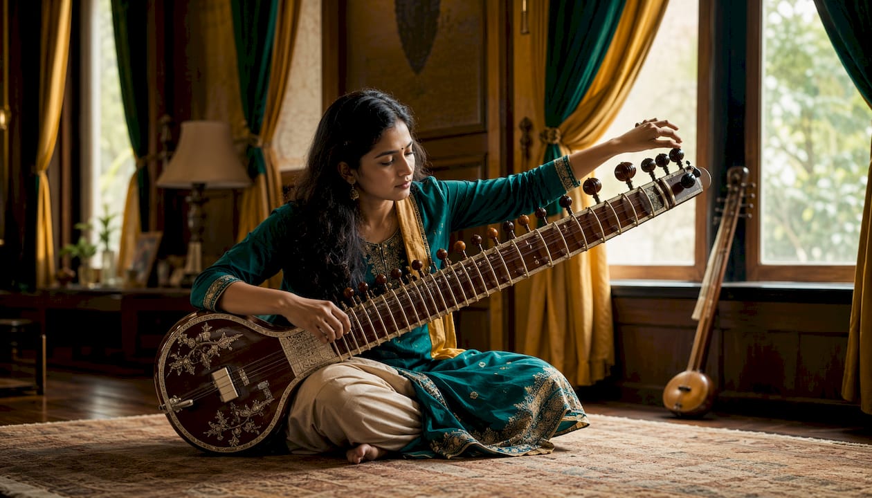 Rajib Karmakar sitarrajib The Sitar's Role in Meditation Music: A Clear Guide 2 Young woman tuning sitar in garden setting