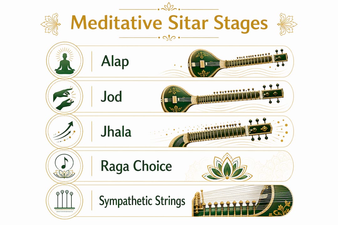 Rajib Karmakar sitarrajib The Sitar's Role in Meditation Music: A Clear Guide 3 Infographic illustrating meditative sitar music stages and techniques