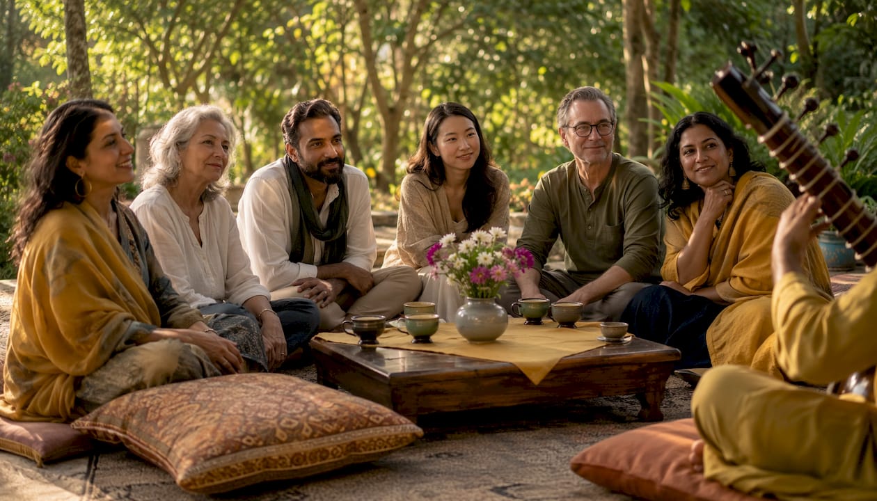 Rajib Karmakar sitarrajib Why Sitar Music Elevates Events: A 2026 Guide 3 Relaxed diverse guests enjoying sitar music at wellness break