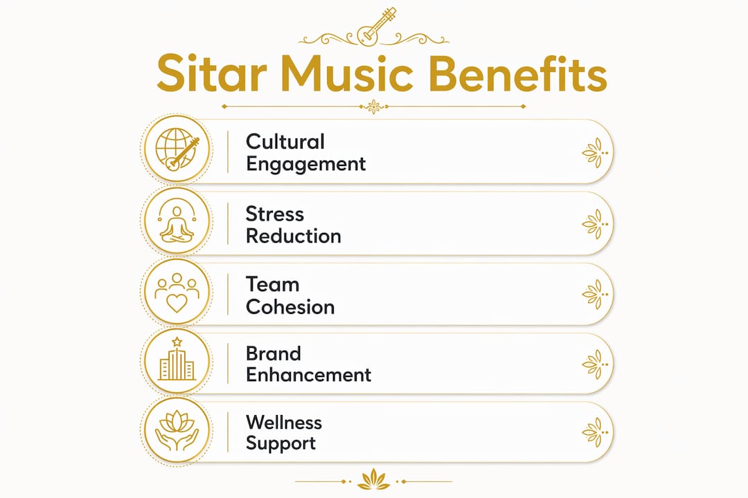 Rajib Karmakar sitarrajib Why Sitar Music Elevates Events: A 2026 Guide 2 Infographic illustrating five benefits of sitar music at events