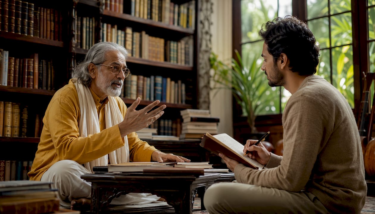 Guru mentoring student on life and music discipline