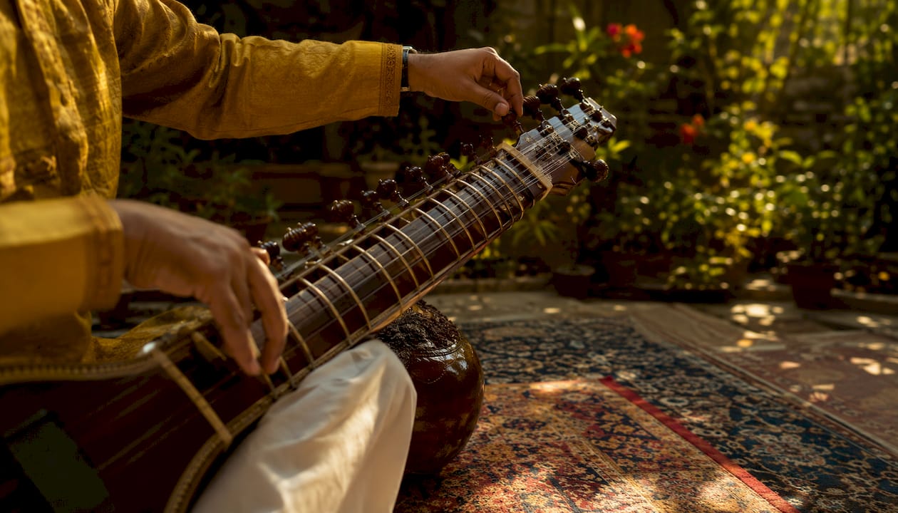 Close-up hands playing sitar strings for lesson