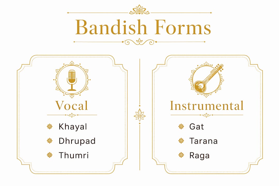 Rajib Karmakar sitarrajib What Is a Bandish in Music? A Clear Guide 3 Infographic comparing vocal and instrumental bandish forms