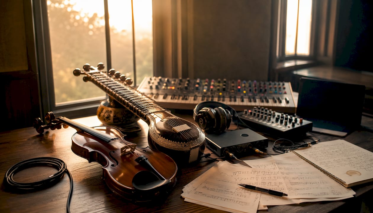 Studio table with fusion music instruments