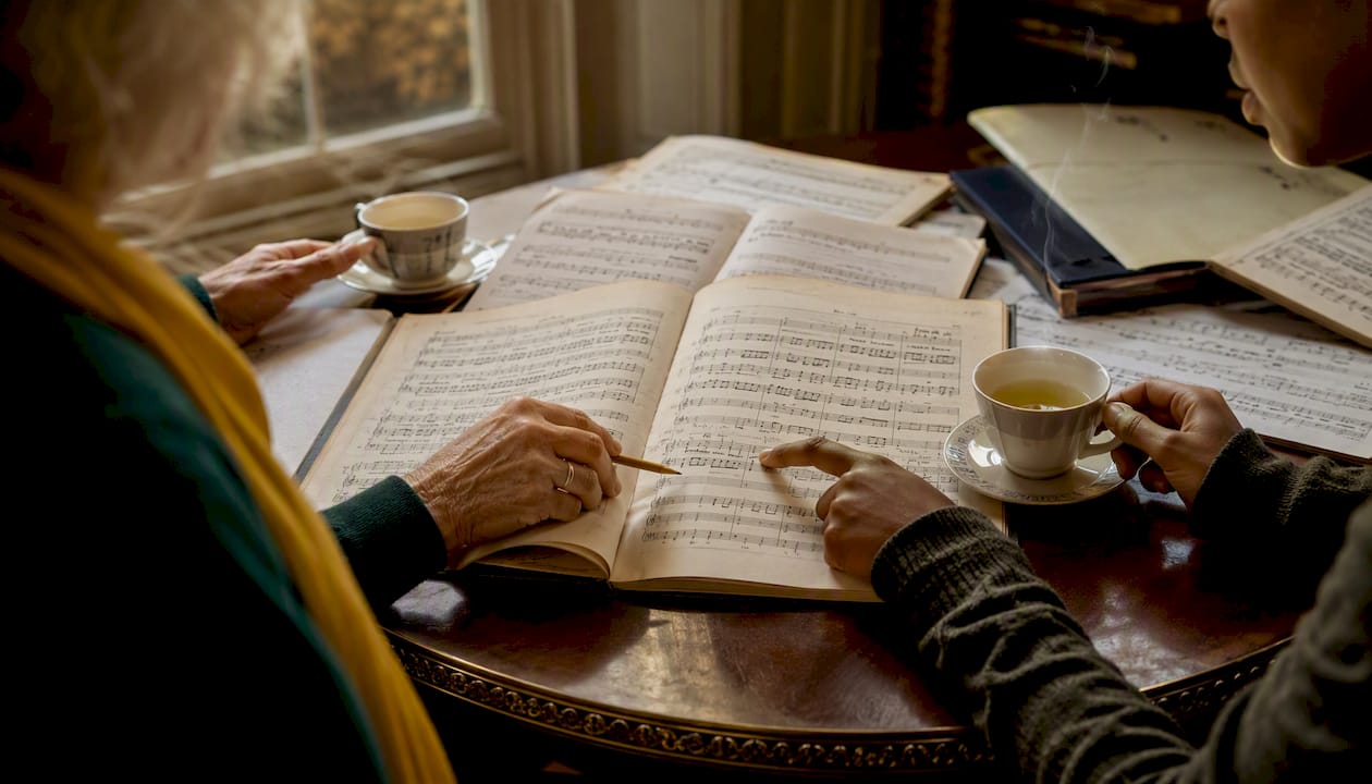 Rajib Karmakar sitarrajib The Role of Leitmotif in Film Music: A Composer's Guide 3 Hands examining leitmotif musical scores on table