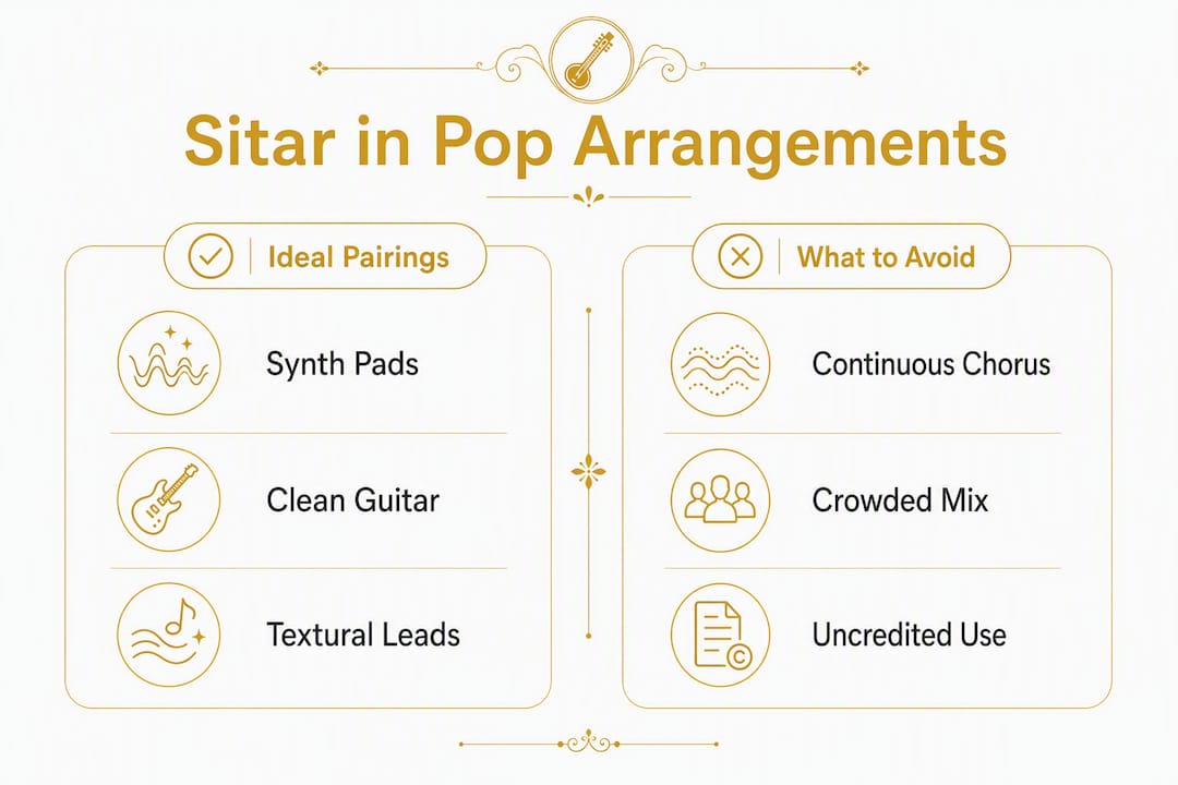 Rajib Karmakar sitarrajib Blend Sitar Into Pop Production: Studio Recipes for Producers 2 Infographic contrasting ideal and poor uses of sitar in pop music