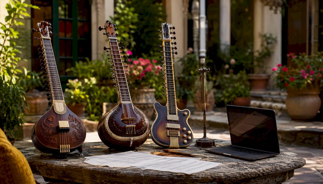 Rajib Karmakar sitarrajib Blend Sitar Into Pop Production: Studio Recipes for Producers 3 Three sitar types on studio table with visible textures