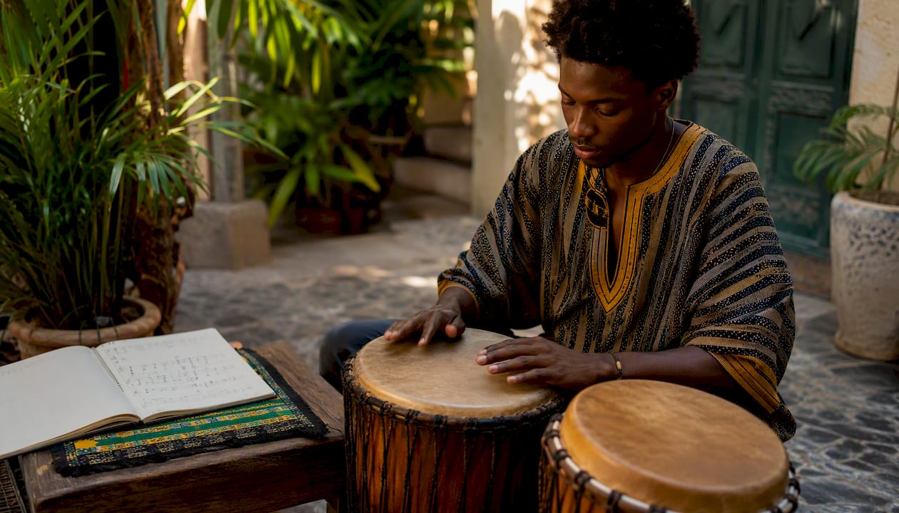 Percussionist rehearsing traditional drums