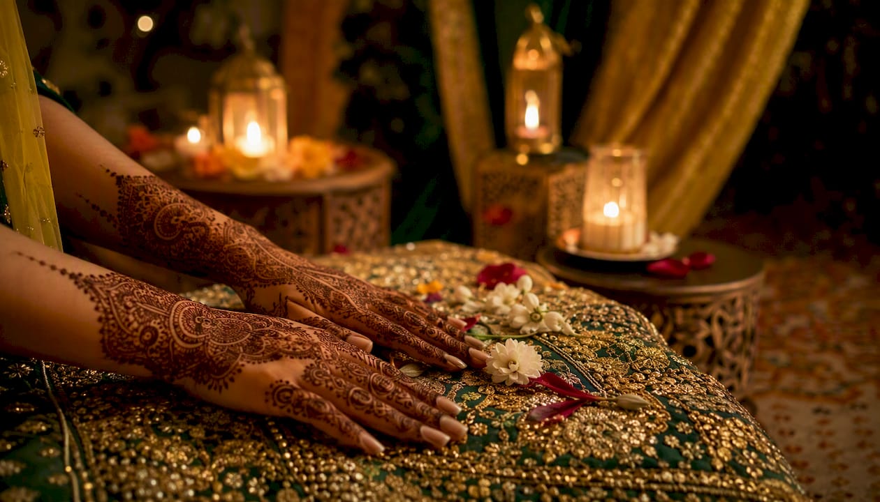 Bride's hands with drying henna designs