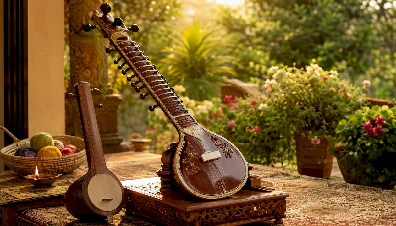 Rajib Karmakar sitarrajib Sitar Lesson Cost in India: Prices and What to Expect 2 Beginner sitar with tanpura and tuning pegs