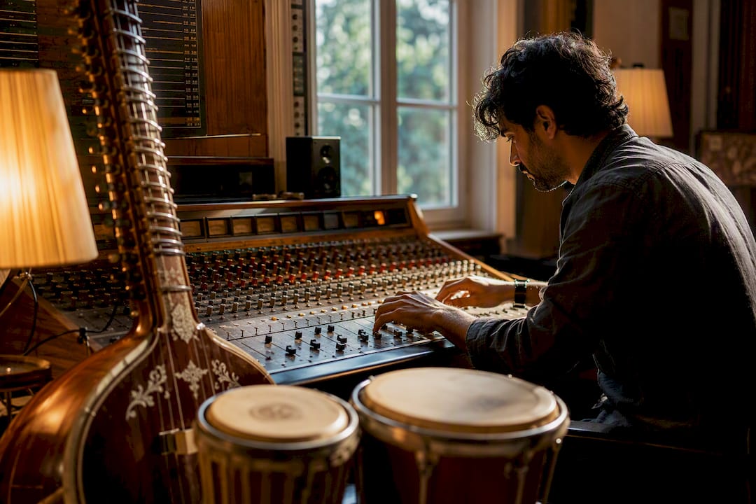 Sound engineer mixing with sitar and drum nearby